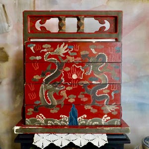 Gorgeous Red Lacquer Chinese Stacking Storage Wedding Box Chest With Stand And Handle 4 Boxes Dragons And Flaming Pearl