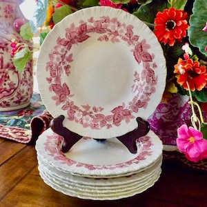 May include: A stack of white ceramic plates with a pink floral design and scalloped edges. The plates are displayed on a dark brown plate stand. A matching vase and floral arrangement are in the background.
