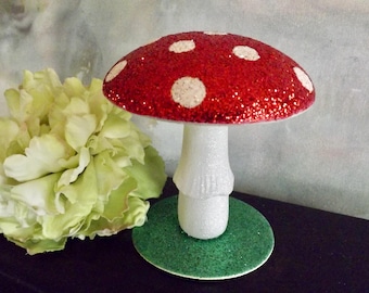 Paper Mache Sparkle Glitter Mushroom Made In Germany By Inscha Deko Red With Polka Dots Green Glitter Base 5"