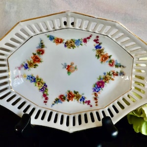 Vintage Schumann Bavaria Porcelain Trinket Dish: Reticulated Floral Vanity Dish