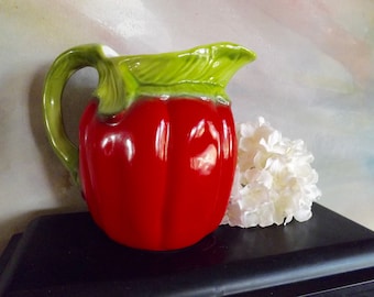 Majolica Red Pepper Pitcher Vine Handle Made In Italy English Garden Kitchen