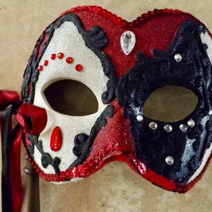 Bling Katherine's Collection Masquerade Opera Mask On Stick Red Black Beige With Embellishments