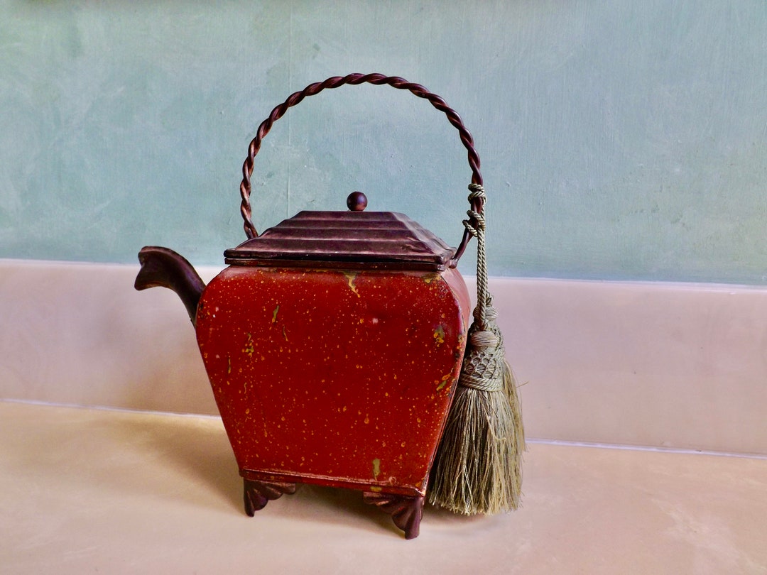 Vintage Large Decorative Metal Tea Kettle With Twisted Handle and