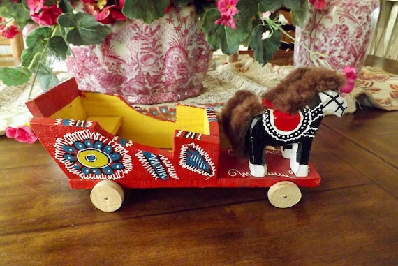 Mexican Folk Art Painted Horse And Wagon On Wheels Southwest Decor