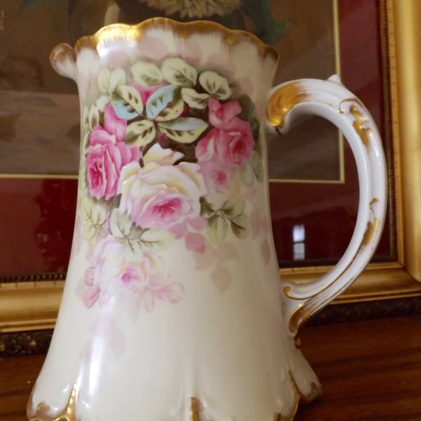 Vintage Limoges Porcelain Pitcher Hand Painted Pink Roses 1900_French Country Water Pitcher With Roses_Bawo & Dotter Elite Works