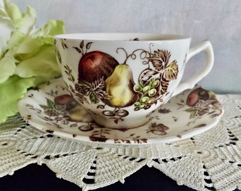 English Tea Cup And Saucer Set By Johnson Brothers Autumns Delight Pattern Brown Transferware With Fruit Made In England