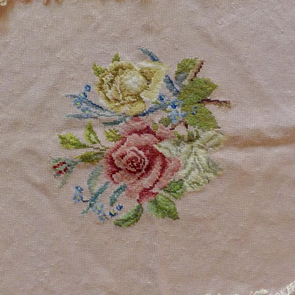 Vintage Needlepoint Piece Roses_Floral Needlepoint Piece_Yellow And Pink Rose Needlepoint