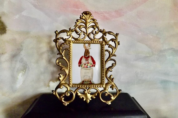 Original Ornate Victorian Metal Frame Scroll Design Gold Finish Tabletop Antique 12"