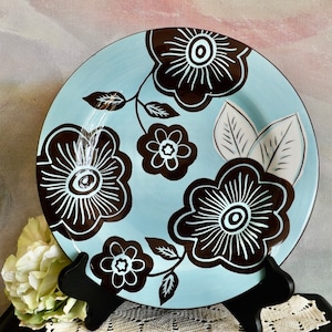 Laurie Gates Turquoise And Brown Flower Design Salad Plates 9 3/4"