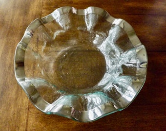 Annie Glass Ruffle 10" Platinum Bowl_Signed Art Glass Bowl Clear With Ruffle And Silver Border