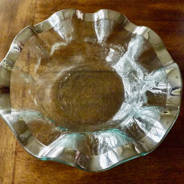 Annie Glass Ruffle 10" Platinum Bowl_Signed Art Glass Bowl Clear With Ruffle And Silver Border