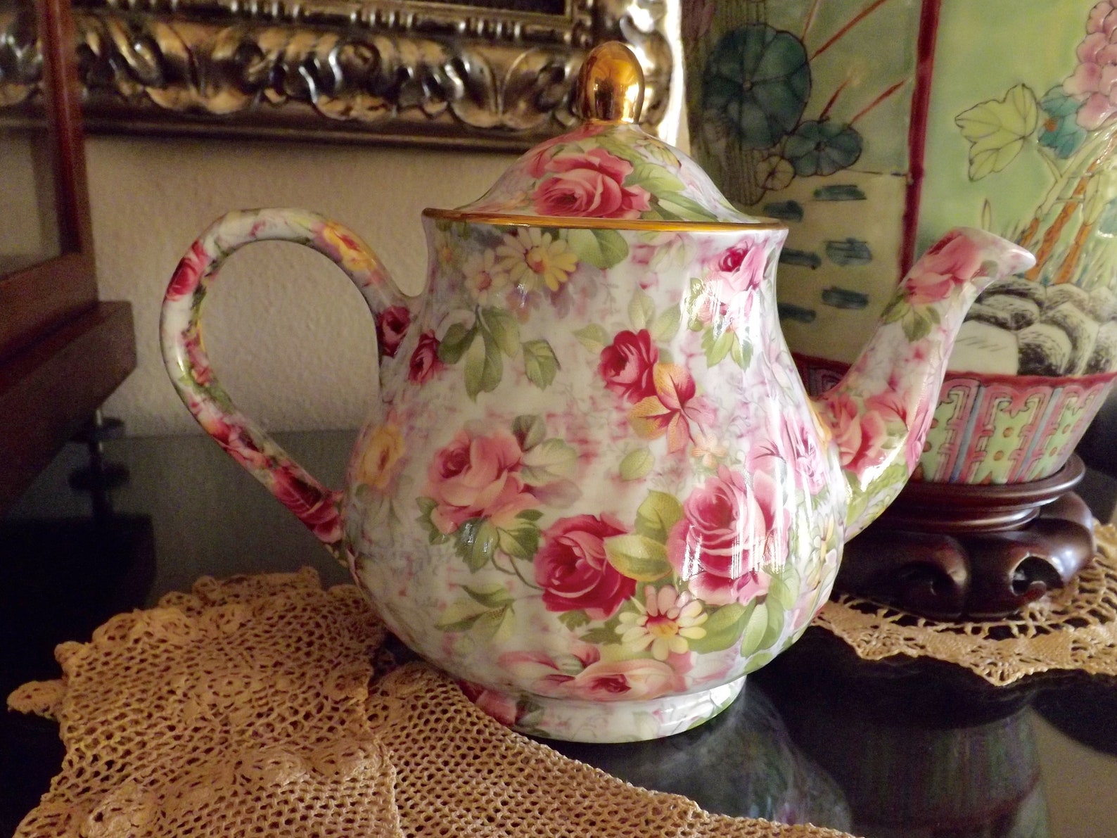 Vintage Arthur Wood Teapot Pink Roses And Daisies Chintz With Etsy
