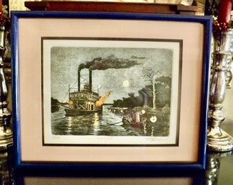 Original Glen P Weber Steamboat Etching Titled Sounding 164/200 Signed 19X15