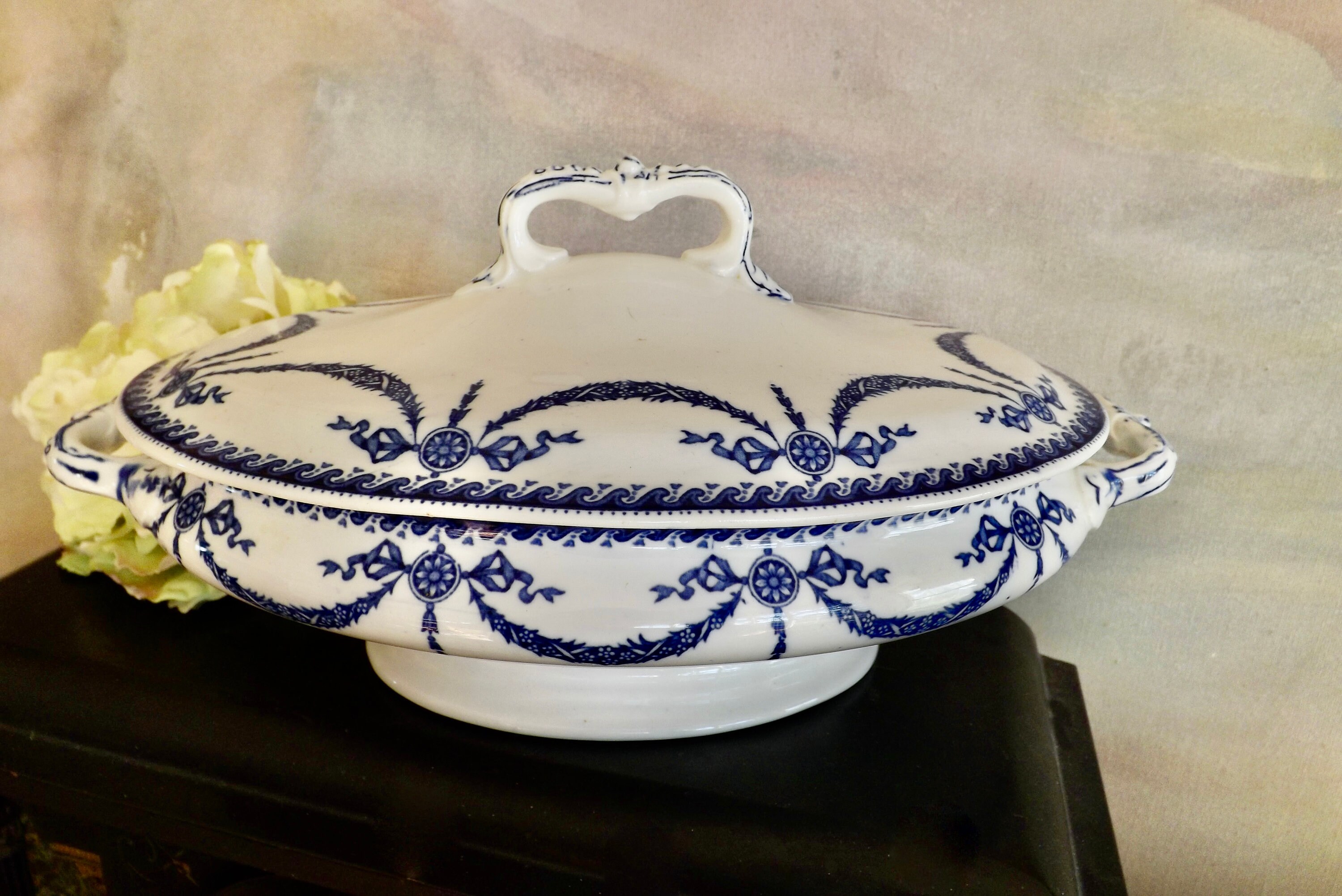 Blue Transferware Covered Vegetable Dish 