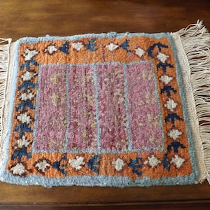 Hand Loomed Miniature Wool Rug: Rustic Farmhouse Decor, Blue Rust Purple Fringe