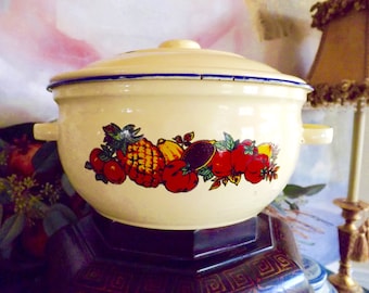 Yellow Enamelware Lidded Stock Pot Blue Trim Fruit And Vegetables Motif
