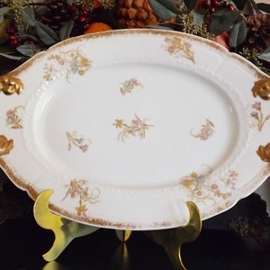 LIMOGES WILDFLOWER PLATTER Blue Pink Flowers 16.5&quot; Oval With Gold Handles Made In France