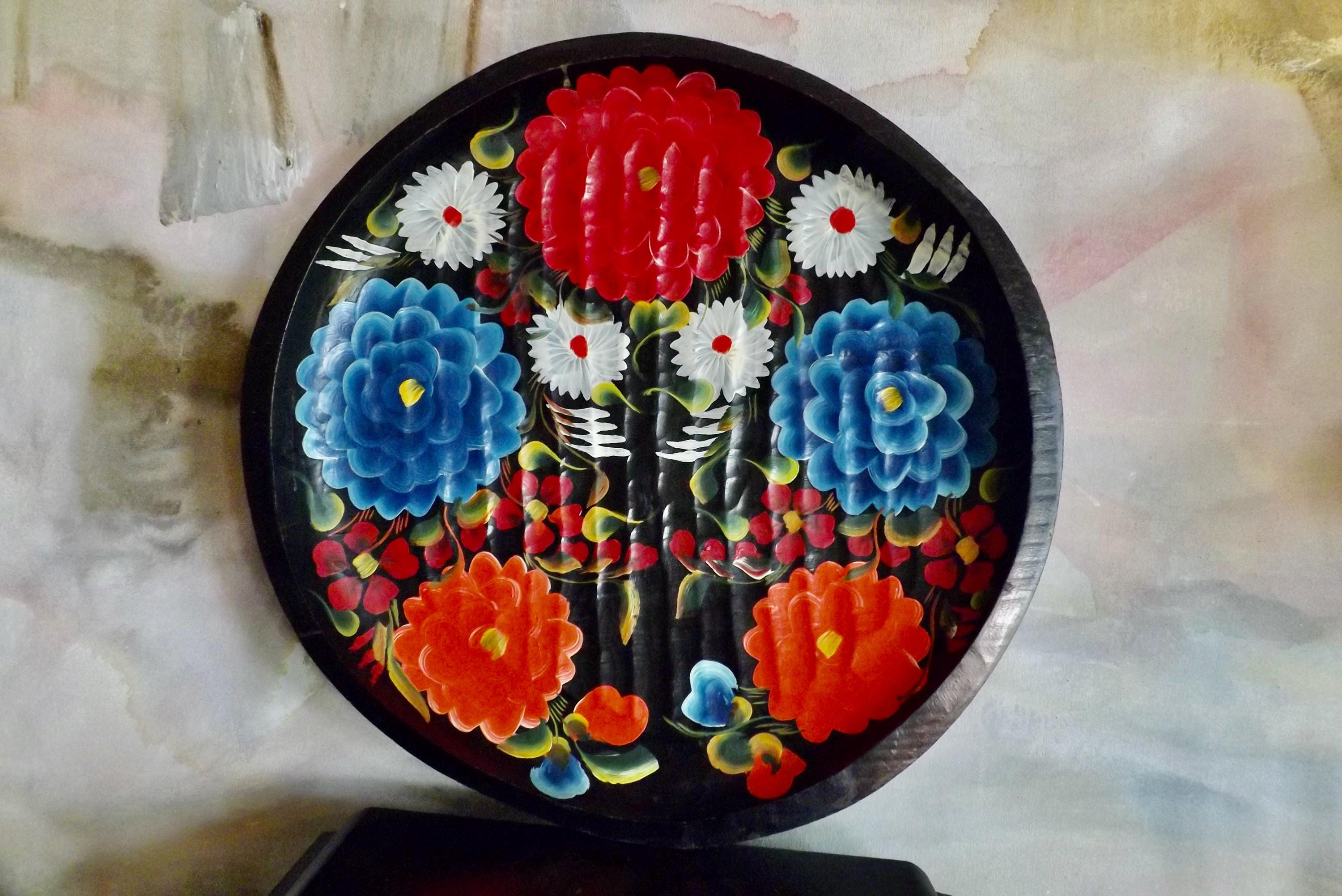 Yellow & Blue Flowery Maque Batea Mexican Lacquerware from Uruapan