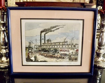 Original Glen P Weber Steamboat Sternwheeler Natchez Etching Titled Loading Up Down The Mississippi River 164/200 Signed 19X15