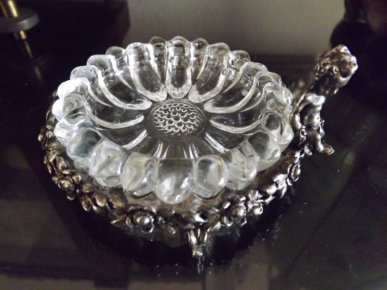 Ornate Metal And Glass Trinket Dish With Cherub By Mementos 1920/_Adorable Silver Cherub Dish/_Silver Metal And Glass Vanity Dish With Cherub