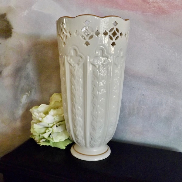 Detailed Lenox Fleur De Lis Vase 9.5" Tall Pierced Design Wonderful Mother's Day Gift Ivory Color Gold Trim