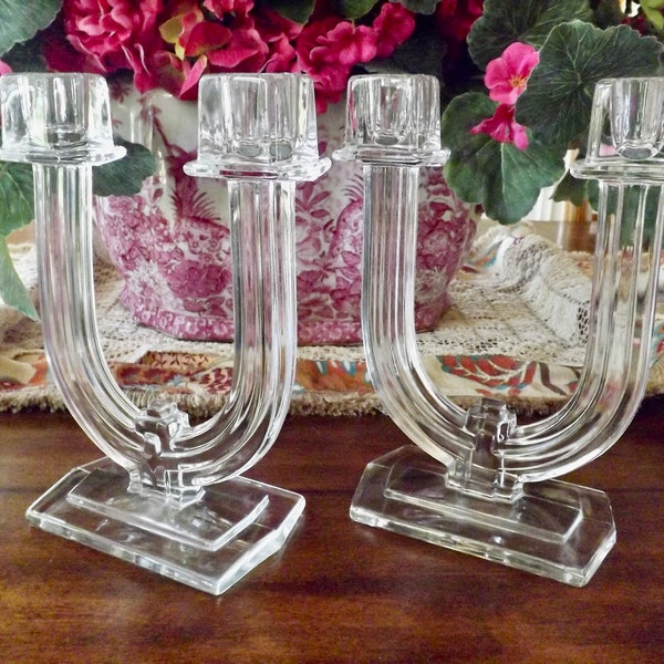 Pair Clear Glass Double Candlestick Holders Art Deco Style With Pedestal Base By A H Heisey Glass Newark Ohio 8"