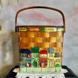 Vintage Caro Nan Decoupage Basket Purse: Hand-Painted Wood Hinged Lid
