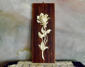 Molded Rose Wall Decor: Beige Floral on Wood Panel, Made in Germany