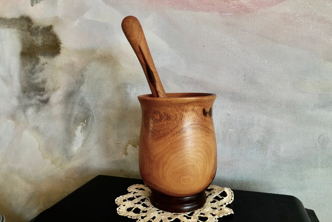 Hand Turned Olive Wood Mortar and Pedestal Tall_artist Crafted Turned