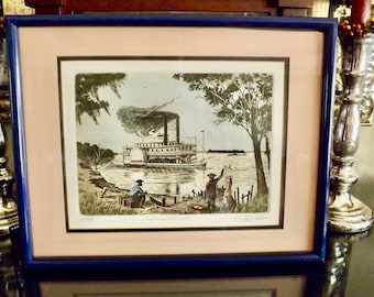 Original Glen P Weber Steamboat Etching Titled Hailing A Steamboat Down 164/200 Signed 19X15