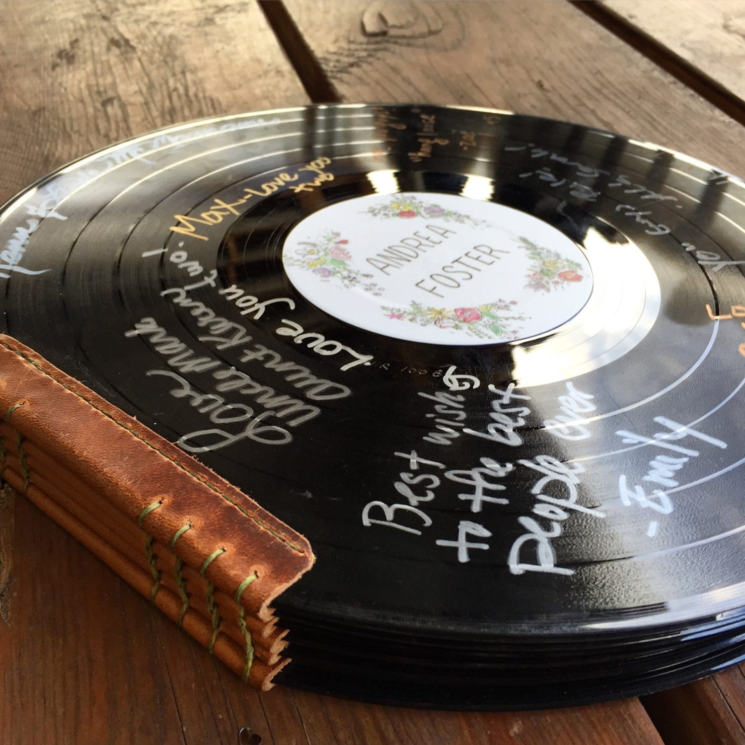 Large Sized,  Vinyl Record + Leather, Custom, Alternative Wedding Guest Book