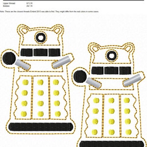 May include: Two white and yellow robot figures with black details. The robots have a round head with a single black eye and a black rectangular mouth. The robots have a cylindrical body with a black base and a series of yellow circles on the body. The robots have two silver arms with black hands.