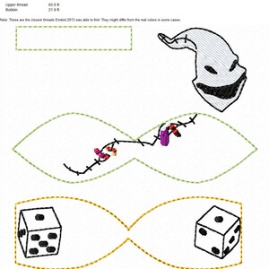 May include: A black and white illustration of a character from the film "The Nightmare Before Christmas". The character is a ghost with a stitched-up mouth and a mischievous grin. The image also includes two dice, one with a black outline and the other with a white outline.
