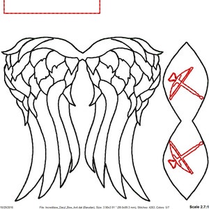 May include: A black and white line art illustration of a pair of angel wings with a red pickaxe and hammer on the right side. The image includes a table with thread colors, names, and consumption amounts.