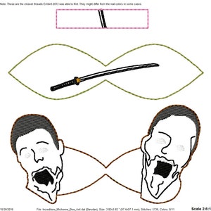 May include: A digital embroidery design of two cartoon faces with open mouths, a sword, and a green bow. The design is 3.83 inches by 3.82 inches and has 5736 stitches. The design uses 8 different colors of thread.