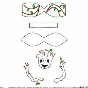 May include: A digital embroidery design for a felt bow featuring a cartoon image of Groot from the Guardians of the Galaxy movie. The design includes a brown and green infinity symbol, a brown rectangle, a brown infinity symbol, and a brown and green image of Groot with his arms outstretched.