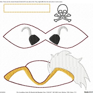 May include: A black and white illustration of a skull and crossbones with a pirate eye patch and a hook hand. The image includes a table with thread colours and their corresponding consumption percentages, names, and thread numbers.
