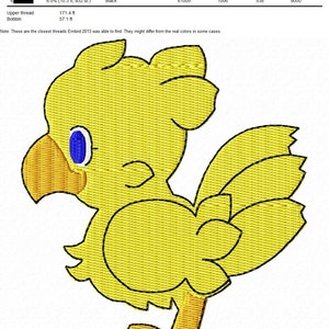 May include: A yellow embroidered cartoon bird with blue eyes. The bird is standing on one leg and has its wings spread out. The embroidery is done in a variety of colors, including yellow, blue, white, and orange.