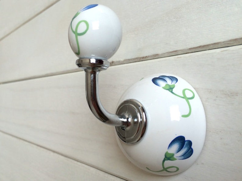 Blue Flower Hook Decorative Hooks / White Wall Hooks Ceramic Etsy