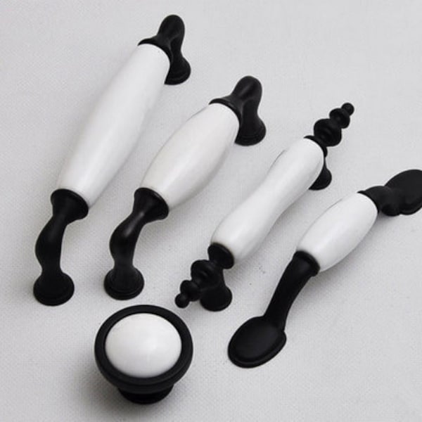 Kitchen Cabinet Door Knobs Handles Pulls Porcelain / Dresser Pulls / Drawer Handles Pulls Knobs Black White Ceramic Retro Furniture Hardware