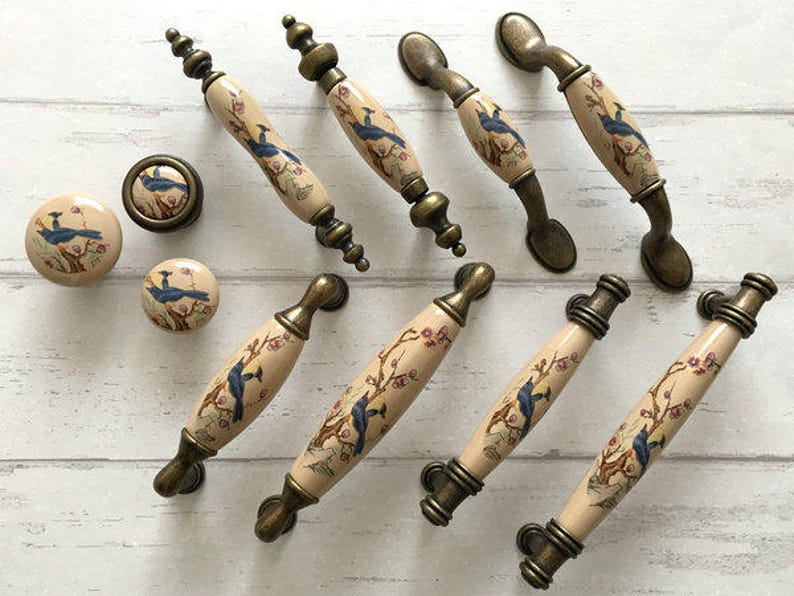 3 3.75 5 Drawer Knob Pull Handles Dresser Knobs Pulls Flower Bird Kitchen Cabinet Door Handle Porcelain Tan Blue Antique Bronze 76 96 128