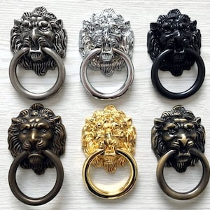 Lion Drawer Pull Knobs Handles Dresser Drop Pulls Rings / Antique Bronze Silver Black Lion Head Door Knocker Cabinet Knob Vintage Hardware