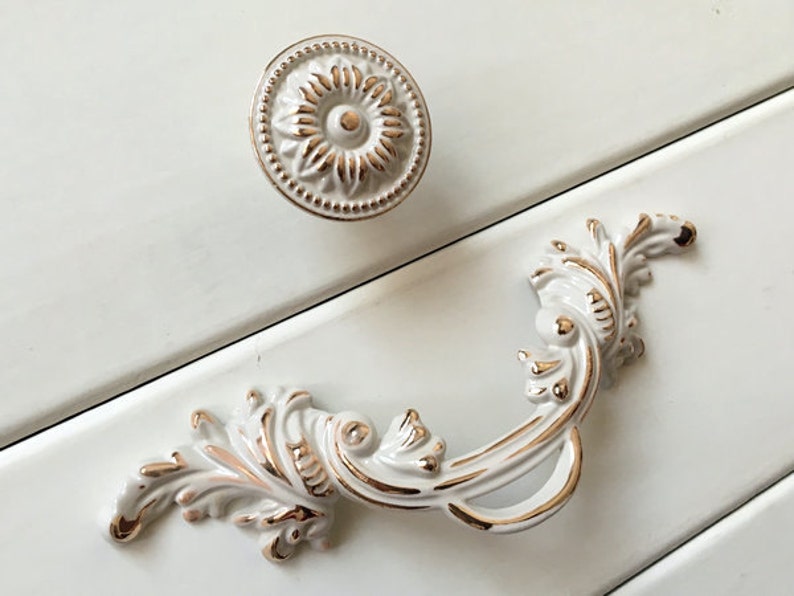 2.5 Shabby Chic Dresser Knobs Pulls Drawer Pull Handles Gold Cream White Kitchen Cabinet Handles Pulls Door Handle French Pulls 2 1/2 64 image 2