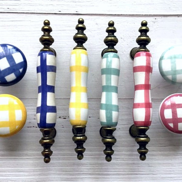 3" Gingham Drawer Pulls Knobs Handles Antique Bronze Blue Yellow Green Red Checked White Cabinet Door Handle Hardware 76 mm ARoseRambling