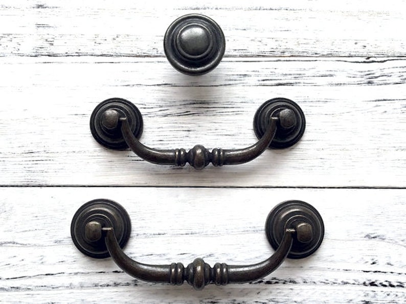 3.5 4.25 Vintage Look Drop Bail Swing Drawer Pull Handles Knob Dresser Pulls Dark Antique Bronze Cabinet Handle 3 1/2 4 1/4 90 108 mm image 1