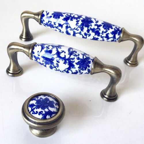 Ceramic Kitchen Knobs Pulls Handles White Silver Blue Etsy