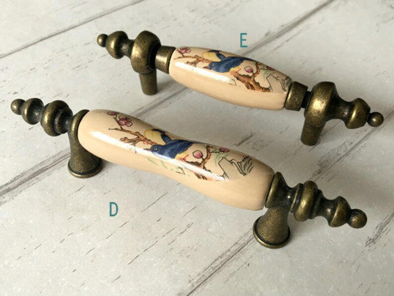 3 3.75 5 Drawer Knob Pull Handles Dresser Knobs Pulls Flower Bird Kitchen Cabinet Door Handle Porcelain Tan Blue Antique Bronze 76 96 128