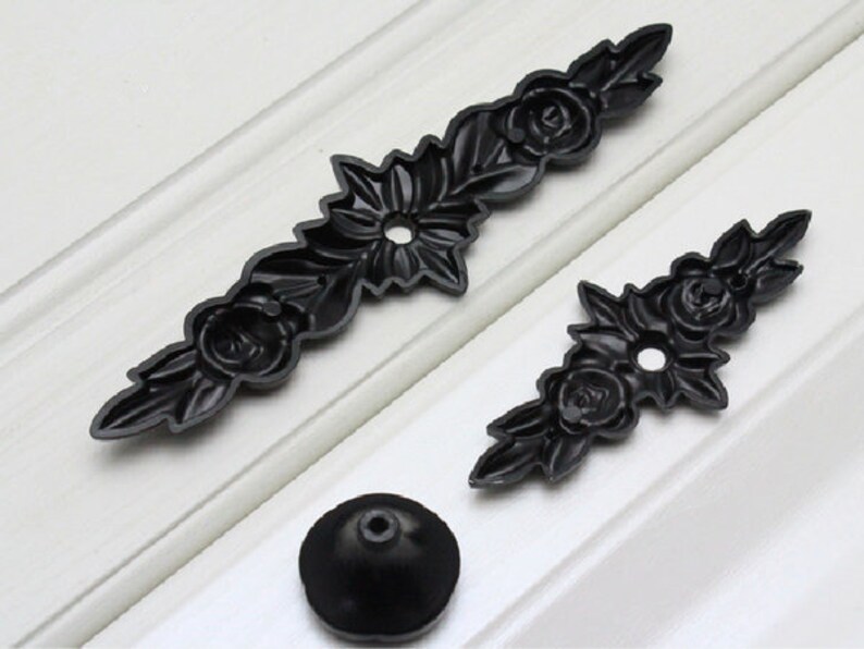 Black Rose Knobs Flower Dresser Knob Pulls Drawer Pull Handles Etsy
