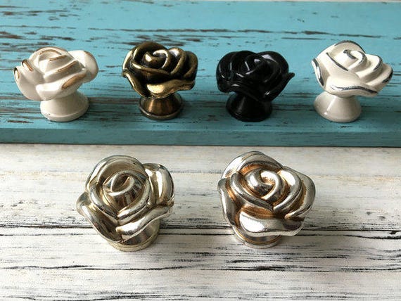 Rose Knob Flower Knobs Cabinet Door Knobs Dresser Knob Drawer Knobs Pulls Handles Distressed White Antique Brass Pull Knob ARoseRambling