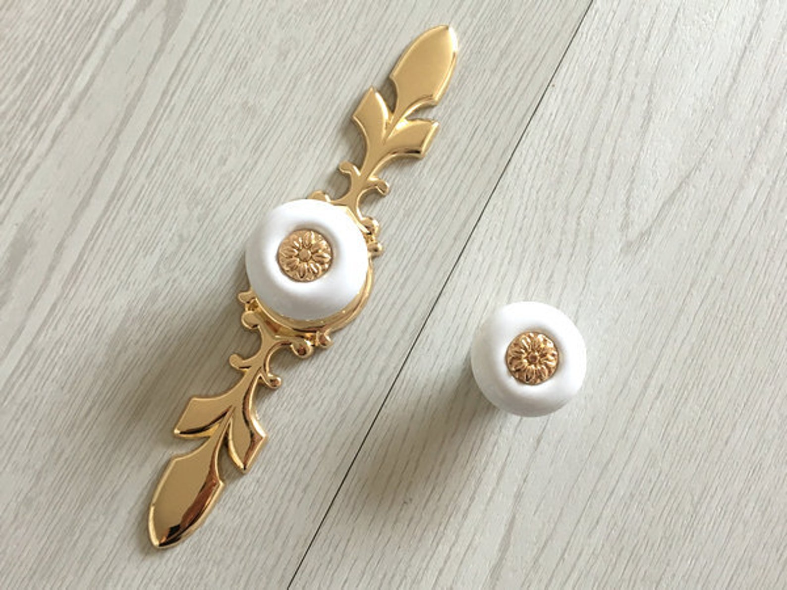 Drawer Knob Pull White Gold Knobs Back Plate Door Etsy